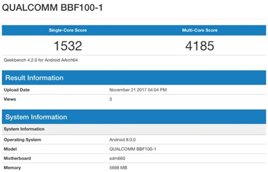 黑莓KEYone继任者现身GeekBench：骁龙660+6GB